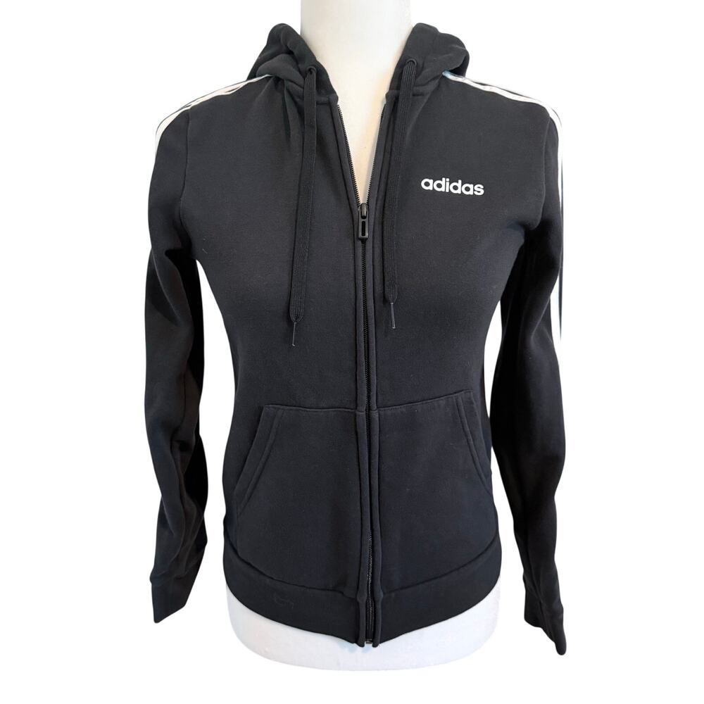 Adidas Womens Small Black Zip Up Hoodie Jacket White Stripe Athletic